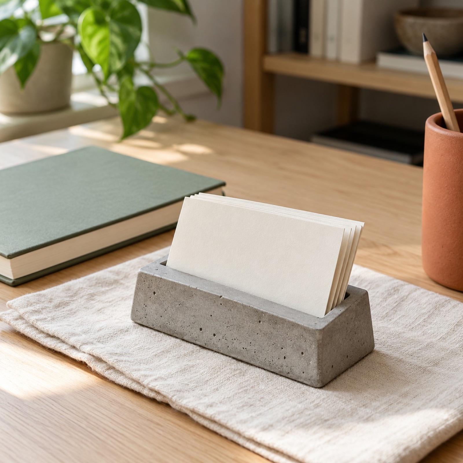 A gray concrete card holder with business cards on a desk