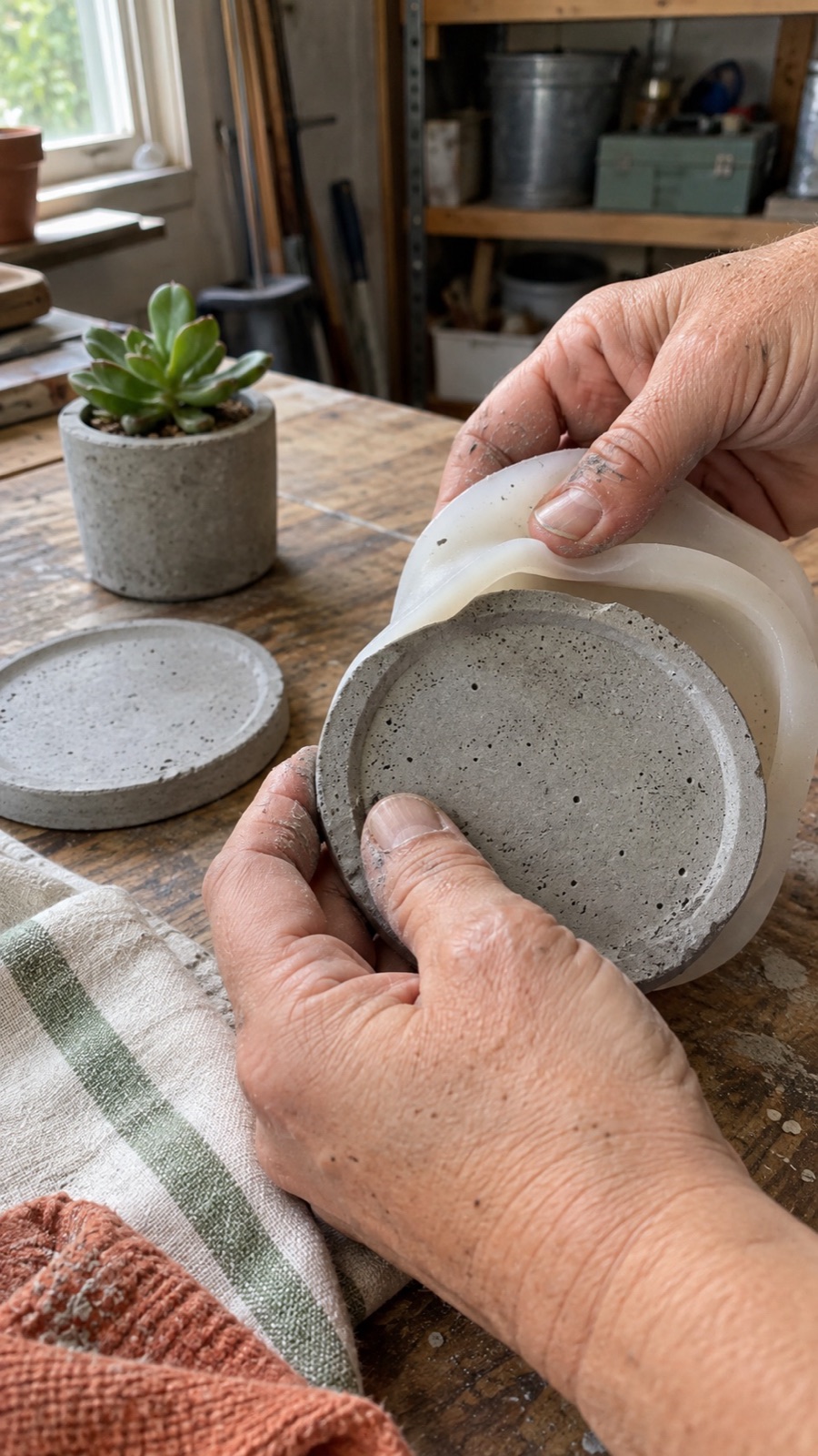Hands lifting a gray concrete coaster from a silicone mold beside a finished mini planter on a garage table