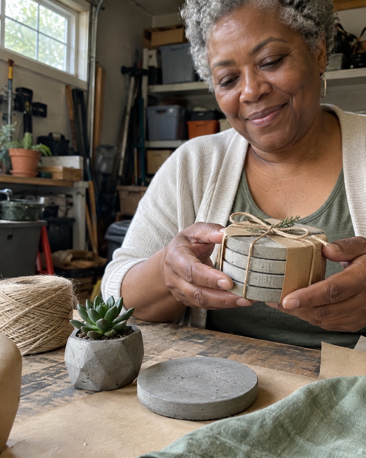 Wrapping a set of four concrete coasters in kraft paper to sell